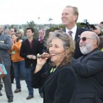 San Diego City Councilmembers Lorie Zapf Campland on the Bay President Michael Gelfand blew into duck whistles to signal the unveiling of the mural. Photo by RHS Photo.